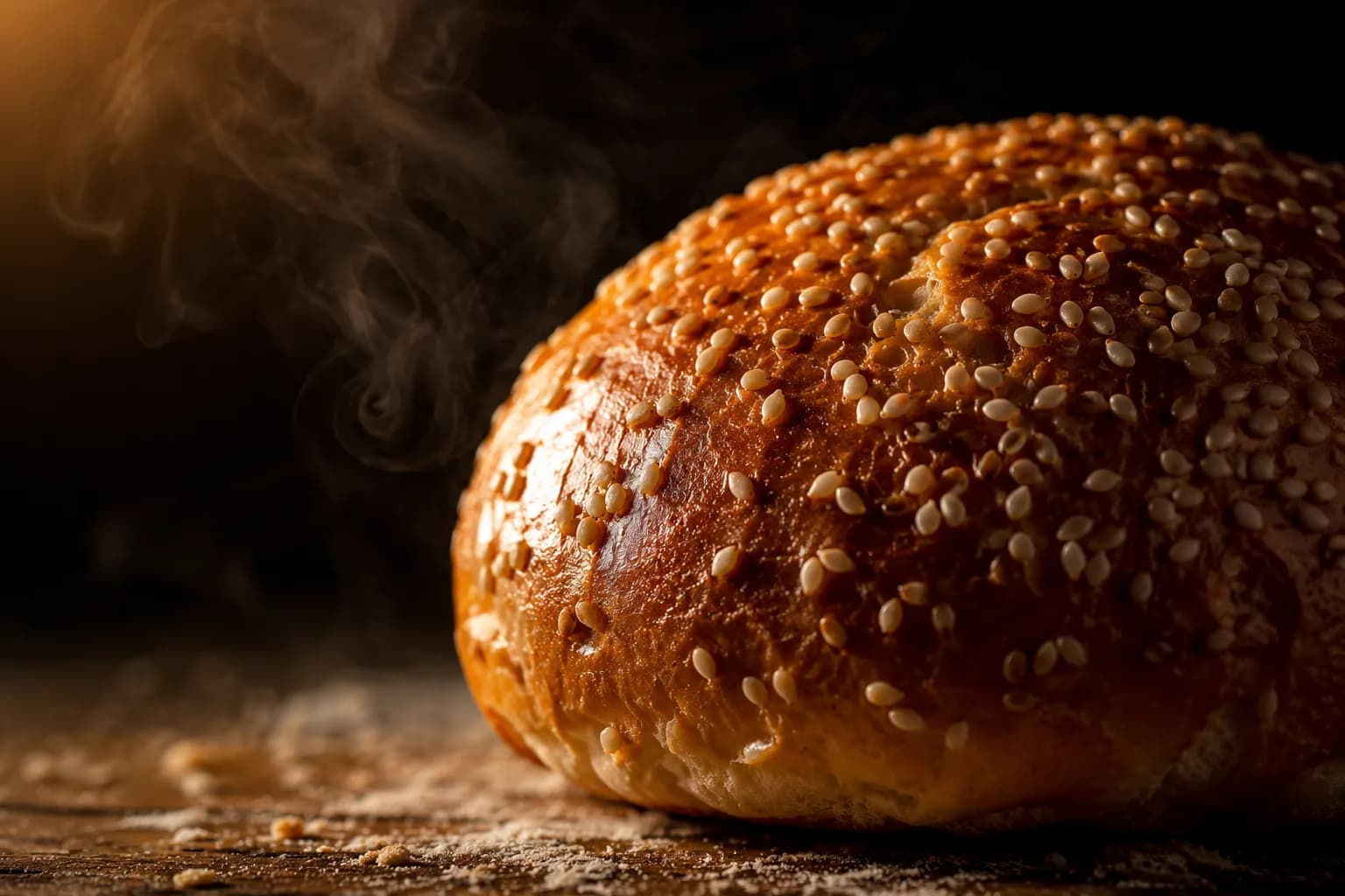 Macro del pan brioche de sésamo recién horneado